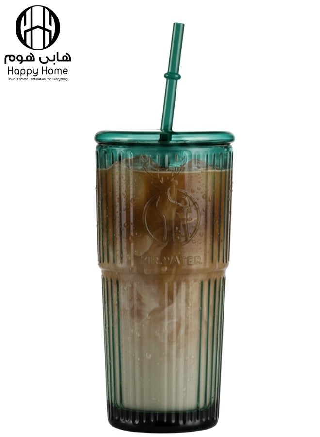 هابي هوم كوب زجاجي مزدوج الجدار مع غطاء وماصة 600 مل للأيس كوفي، العصائر، الكوكتيلات، الاستخدام المنزلي والسفر (أخضر زمردي) - Image 1